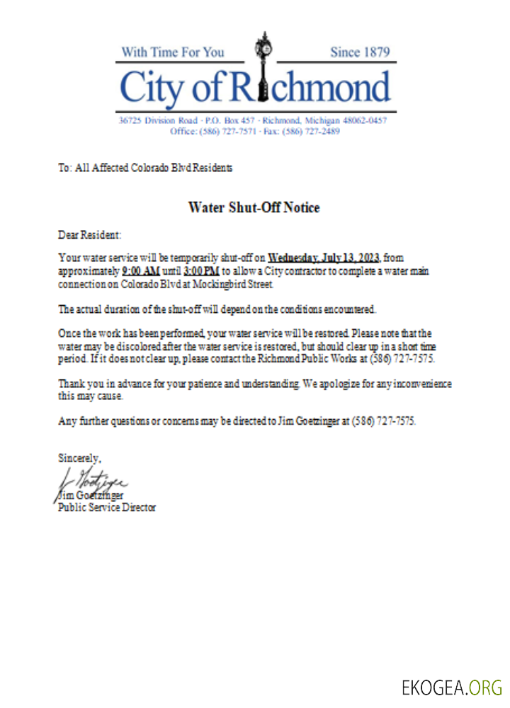 Avis de coupure d'eau de la ville de Richmond, Michigan, projet de loi sur les services publics, SCR